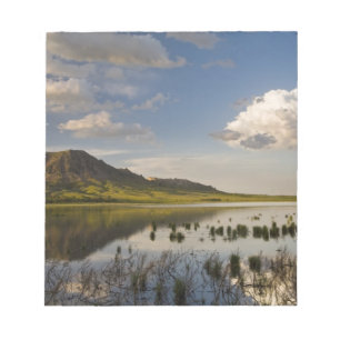 Bear Butte reflektiert in den Bar Butte Lake nahe Notizblock
