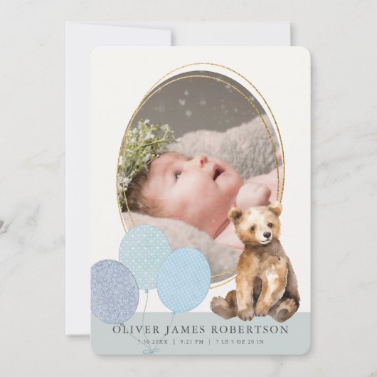 Bear Cub Balloons Boy Birth Ankündigung (Vorderseite)