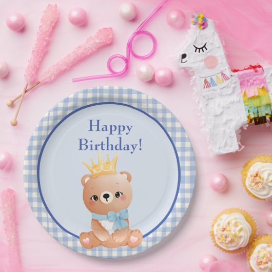 Bear Cub Blue Schachbrett Happy Birthday Pappteller (Party)