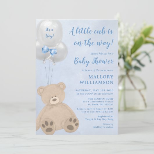 Bear Cub Boy Baby Dusche Einladung (Stehend Vorderseite)