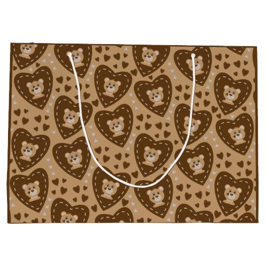 Bear Cub Face and Brown Heart Pattern Geschenktasc Große Geschenktüte (Rückseite)