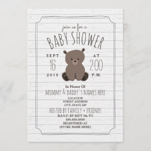 Bear Cub Gray Wood Baby Dusche Einladung