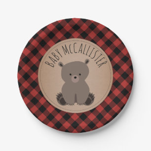 Bear Cub Lumberjack Kariert Baby Dusche Pappteller