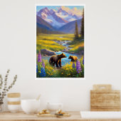 Bear Cub Snow Mountain Wiesen Wildblumen Malerei Poster (Küche)