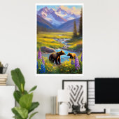 Bear Cub Snow Mountain Wiesen Wildblumen Malerei Poster (Heimbüro)