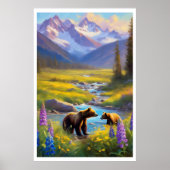 Bear Cub Snow Mountain Wiesen Wildblumen Malerei Poster (Vorne)