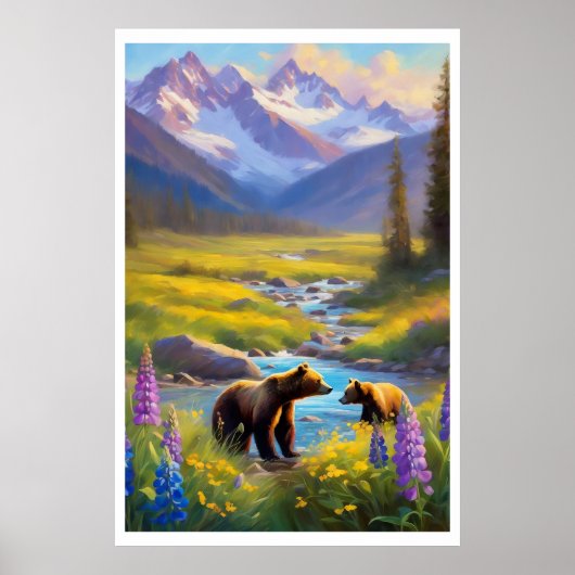 Bear Cub Snow Mountain Wiesen Wildblumen Malerei Poster (Vorne)