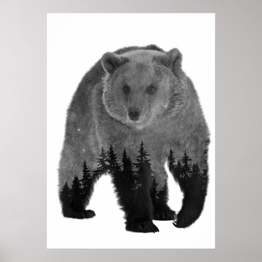 Bear Double Exposure Forest Trees Night Poster (Vorne)