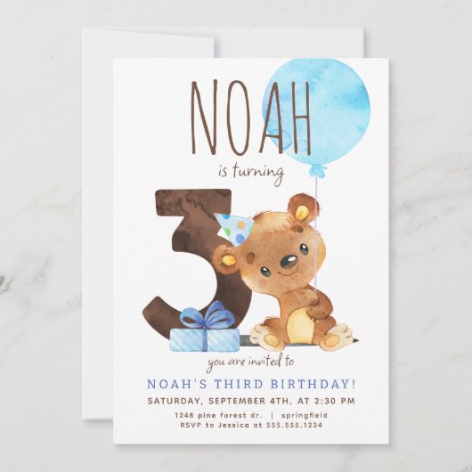 Bear Dritter Geburtstag Einladung (Vorderseite)