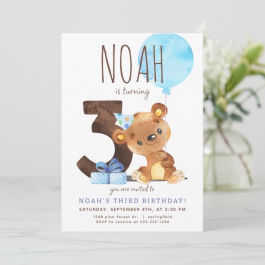 Bear Dritter Geburtstag Einladung (Stehend Vorderseite)