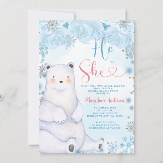 Bear Er oder sie Winter Schneeflocken Geschlechtsv Einladung (Vorderseite)