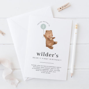 Bear ersten Geburtstag Einladung Grünen Ballon