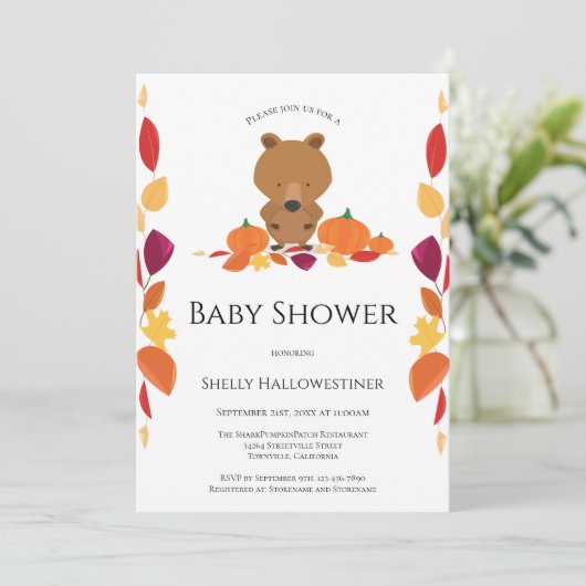 Bear Fall Pumpkin Baby Dusche Einladung (Stehend Vorderseite)
