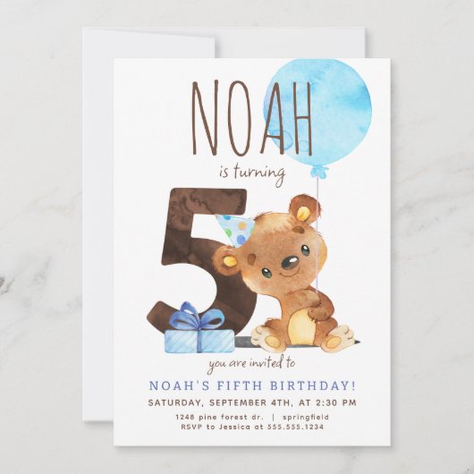 Bear Fifth Birthday Einladung (Vorderseite)