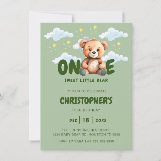 Bear First Birthday Einladung (Vorderseite)