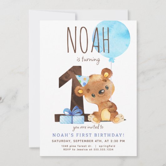 Bear First Birthday Einladung (Vorderseite)