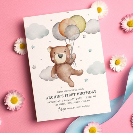 Bear First Birthday Einladung Ballon Niedlich