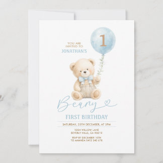 Bear First Birthday Invitation Boy Blue Balloon Einladung
