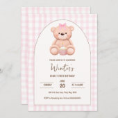 Bear First Birthday Neutral Teddy Pink Gingham Bow Einladung (Vorne/Hinten)
