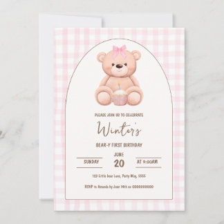 Bear First Birthday Neutral Teddy Pink Gingham Bow Einladung