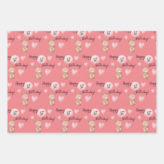 Bear First Birthday Wrapping Paper Sheets Geschenkpapier Set (Vorderseite)