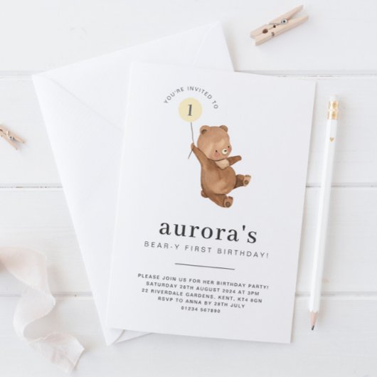 Bear First Geburtstag Einladung Gelben Ballon