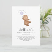 Bear First Geburtstag Einladung Lila Ballon (Stehend Vorderseite)