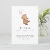 Bear First Geburtstag Einladung Pink Herzballon (Stehend Vorderseite)