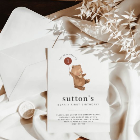 Bear First Geburtstag Einladung Rostballon