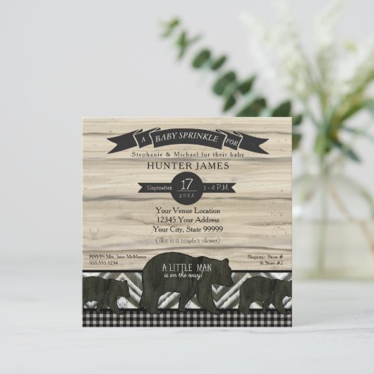 Bear Forest Lumberjack Kariert Boy Baby Sprinkle Einladung (Stehend Vorderseite)