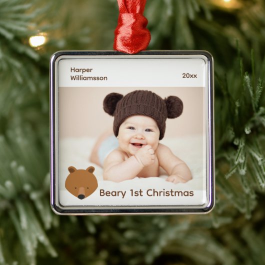 Bear Foto Baby First Christmas Ornament Aus Metall (Baum)