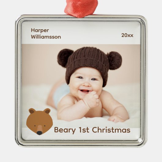 Bear Foto Baby First Christmas Ornament Aus Metall (Vorne)