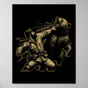Bear Funny Man Punching Bär Retro Vintag Jagd Poster