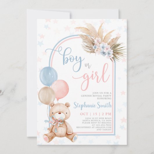 Bear Gender Reveal Baby Shower Einladung (Vorderseite)