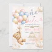 Bear Gender Reveal Pink and Blue Balloon Einladung (Vorderseite)