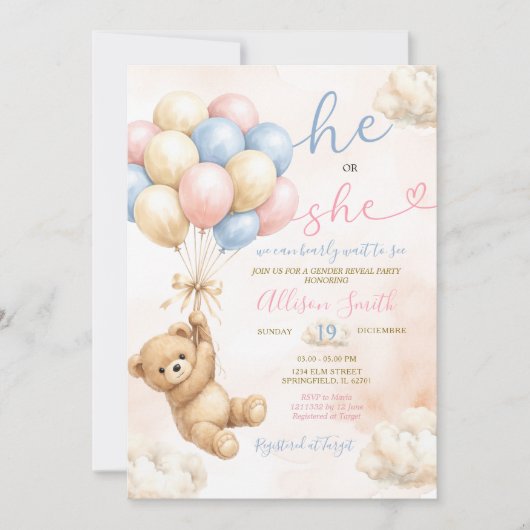 Bear Gender Reveal Pink and Blue Balloon Einladung (Vorderseite)