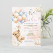 Bear Gender Reveal Pink and Blue Balloon Einladung (Stehend Vorderseite)