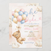 Bear Gender Reveal Pink and Blue Balloon Einladung (Vorne/Hinten)