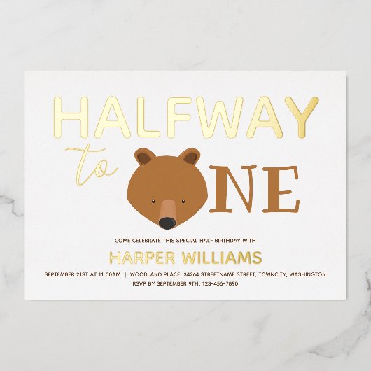Bear Gold 6 Monate Baby Halbgeburtszeit Folieneinladung (Vorderseite)