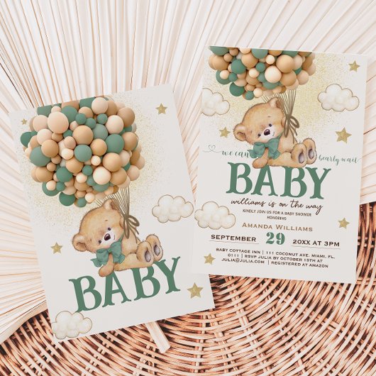 Bear Green Balloons Babydusche Einladung