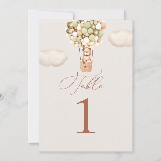 Bear Green Gold Balloons Tischnummer (Vorderseite)