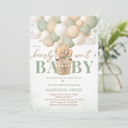 Bear Green Hot Air Ballon Babydusche Einladung (Stehend Vorderseite)