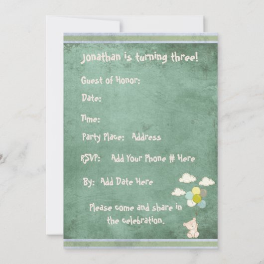 Bear Green Rustic Stripes Kindergeburtstag Einladung (Rückseite)