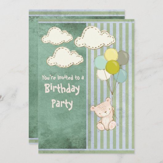 Bear Green Rustic Stripes Kindergeburtstag Einladung (Vorne/Hinten)
