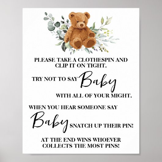 Bear Greenery Dont sagen Baby Clothespin Duschspie Poster (Vorne)
