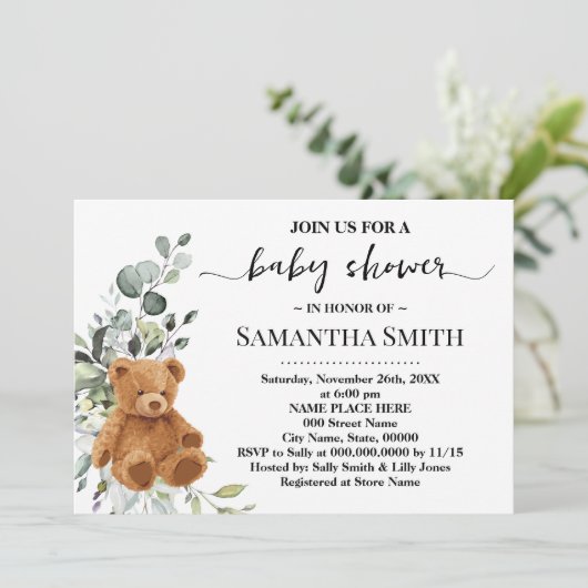 Bear Greenery Eucalyptus Baby Shower Einladung (Stehend Vorderseite)