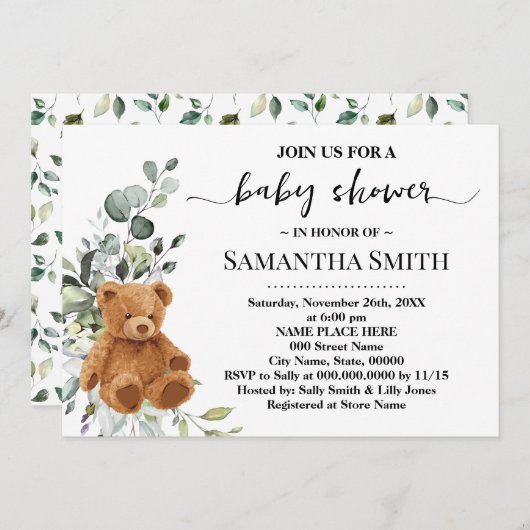 Bear Greenery Eucalyptus Baby Shower Einladung (Vorne/Hinten)
