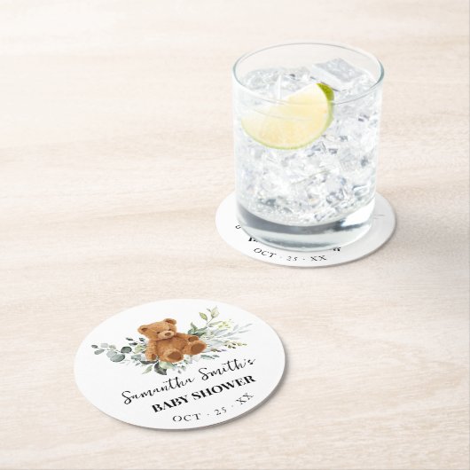 Bear Greenery Eucalyptus Baby Shower Round Paper Runder Pappuntersetzer (Vor Ort)