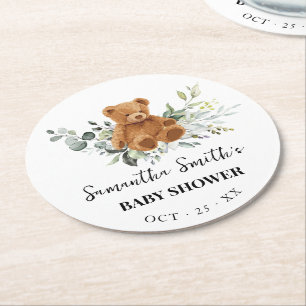 Bear Greenery Eucalyptus Baby Shower Round Paper Runder Pappuntersetzer