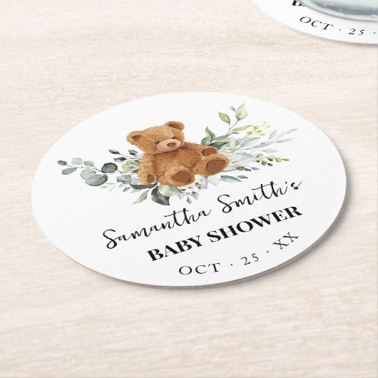 Bear Greenery Eucalyptus Baby Shower Round Paper Runder Pappuntersetzer (Angewinkelt)